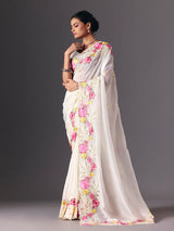 White organza floral embroidered saree with elegant cutwork detailing