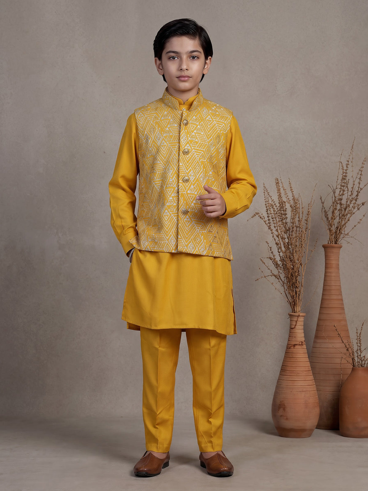 Mustard yellow chevron embroidered boys waistcoat set