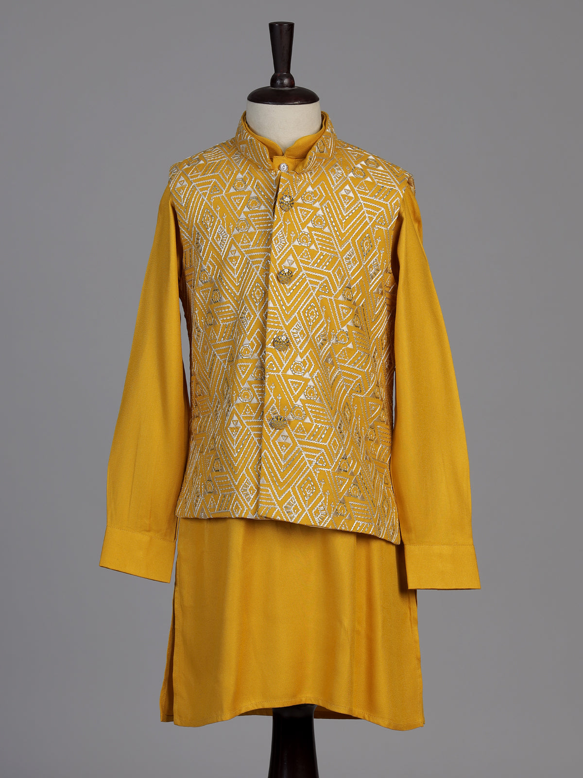 Mustard yellow chevron embroidered boys waistcoat set