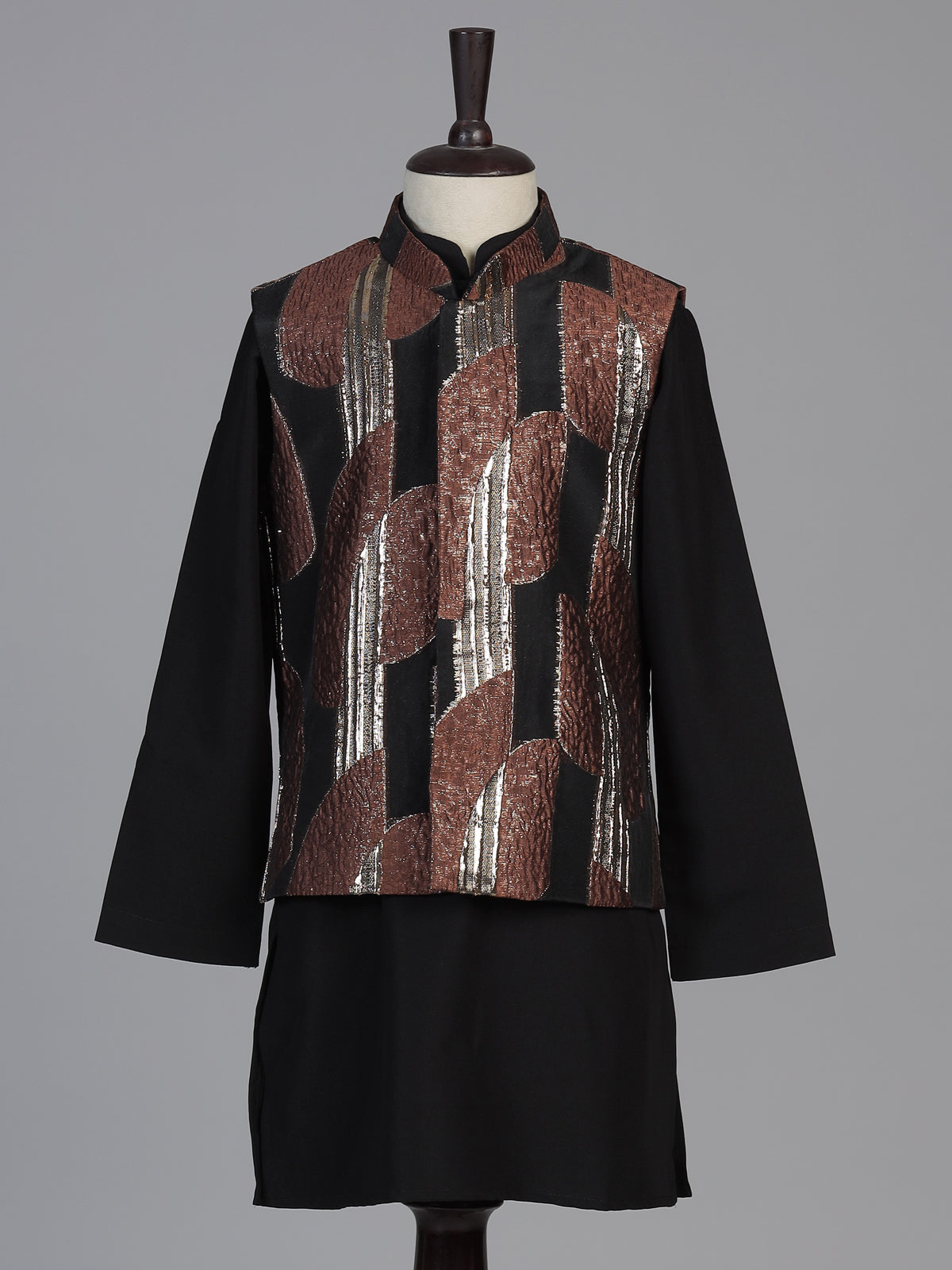 Black metallic nehru boys waistcoat set