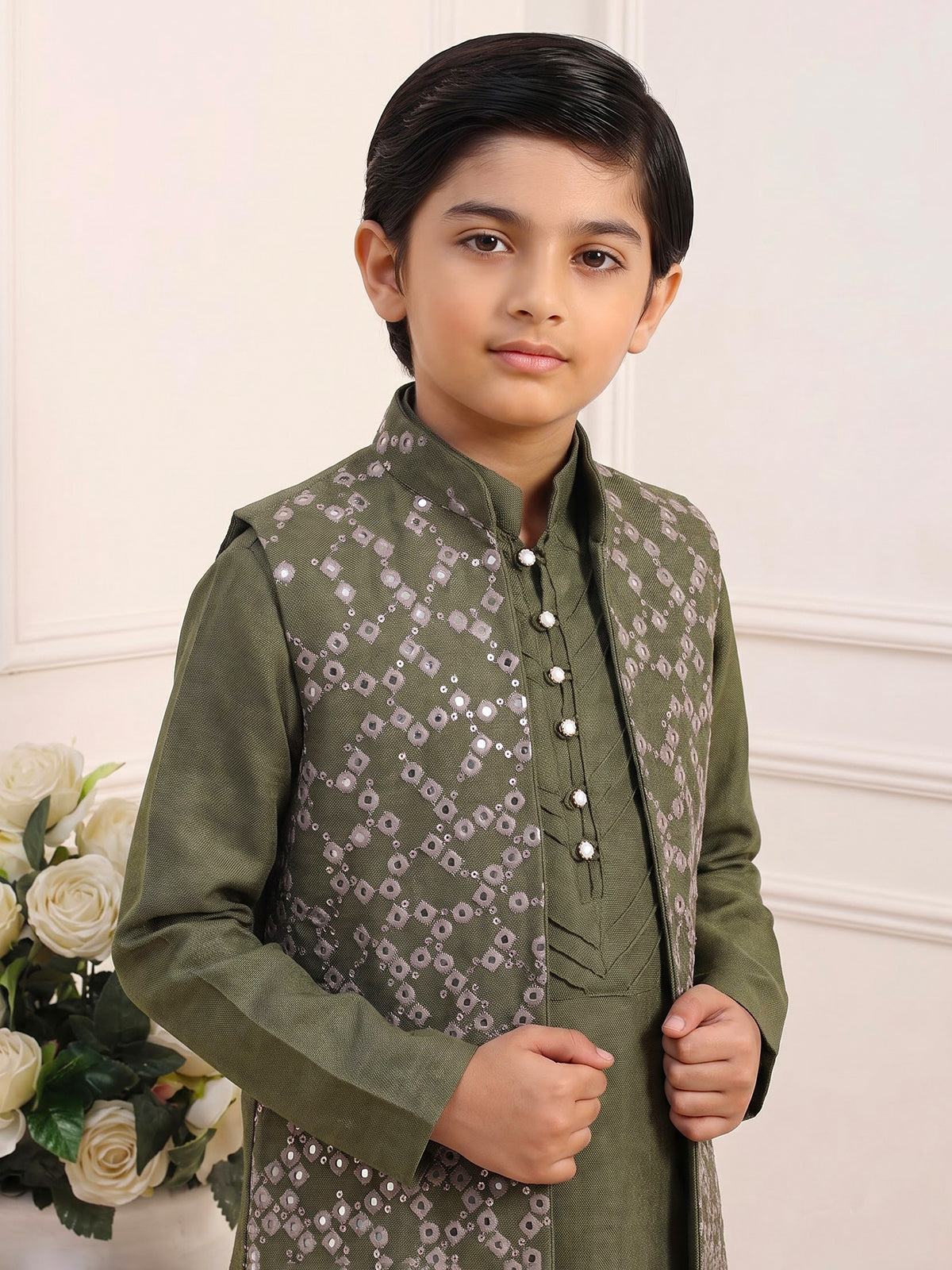 Olive aabla embroidered boys waistcoat set