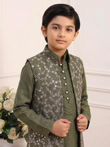 Olive aabla embroidered boys waistcoat set