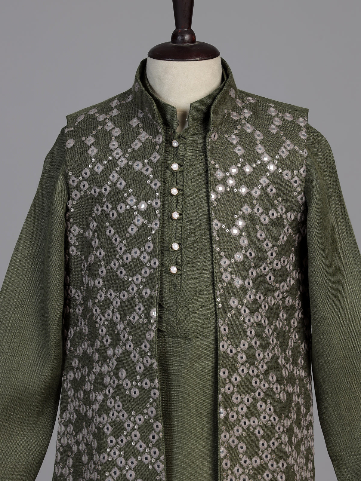 Olive aabla embroidered boys waistcoat set