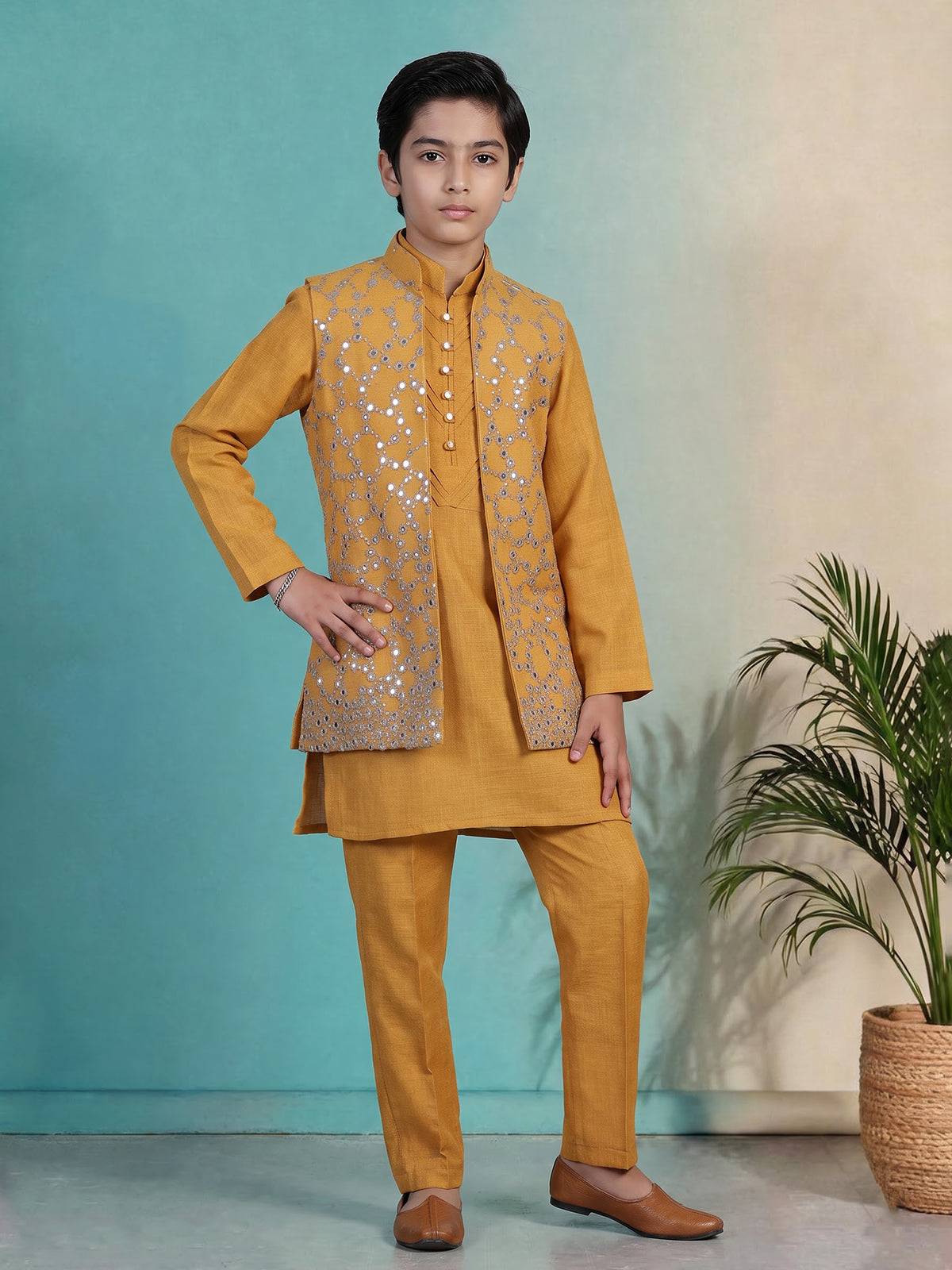 Mustard yellow aabla embroidered boys waistcoat set