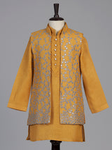 Mustard yellow aabla embroidered boys waistcoat set