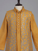 Mustard yellow aabla embroidered boys waistcoat set