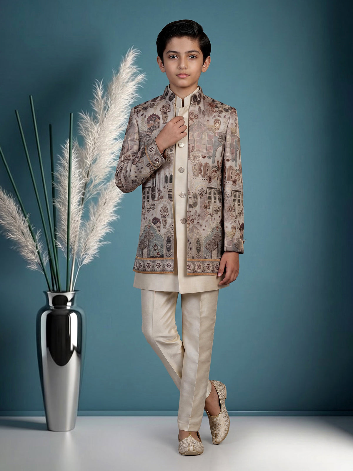 Off white heritage printed boys indo western