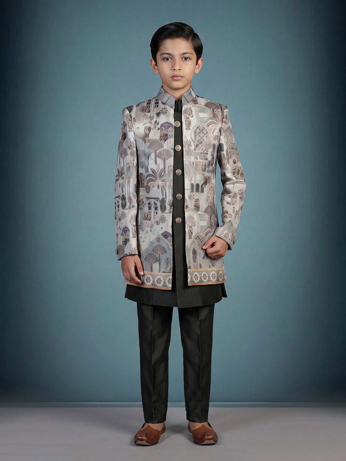 Black heritage printed boys indo western