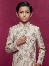 White floral embellished boys indo western