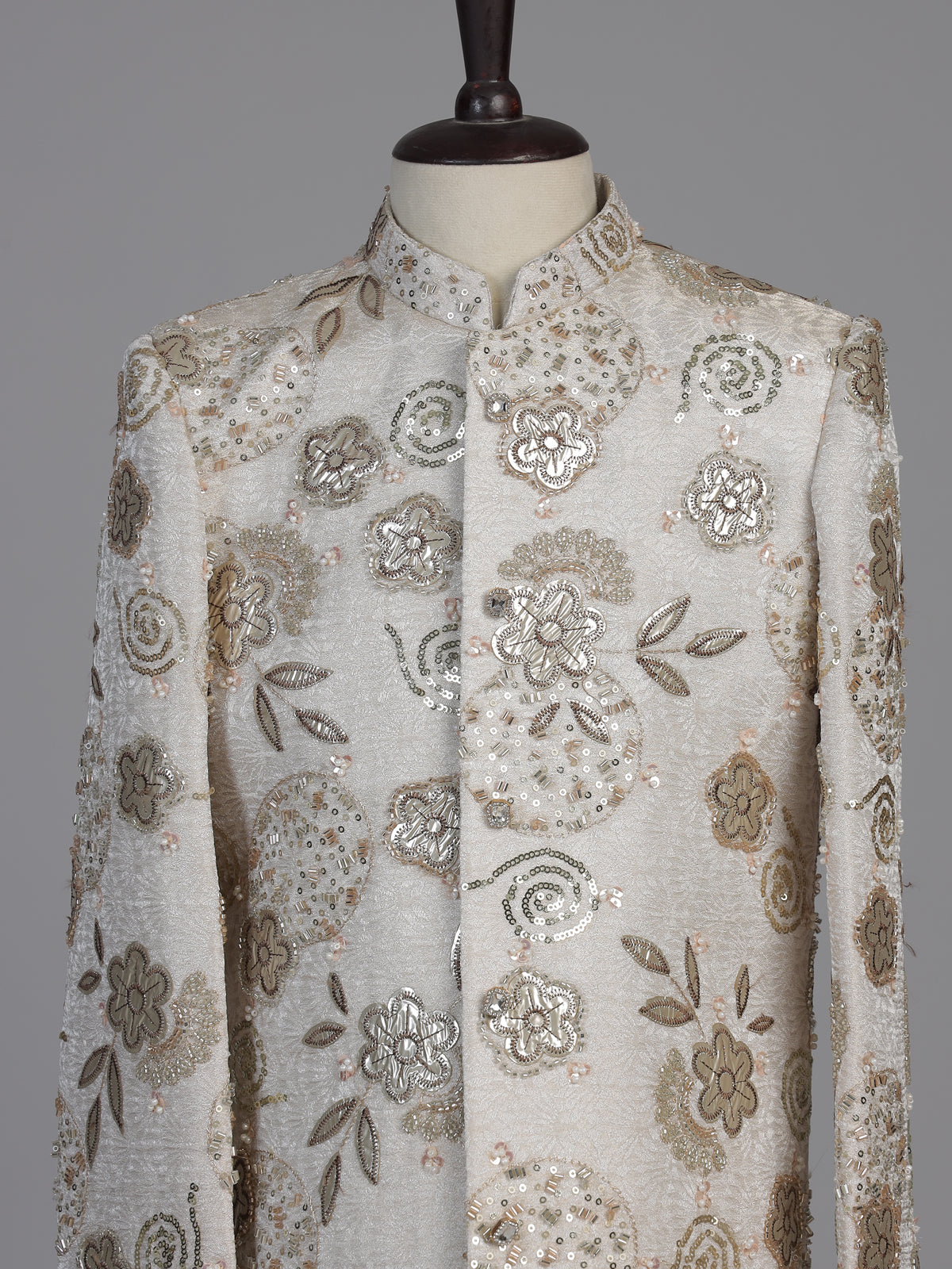 White floral embellished boys indo western