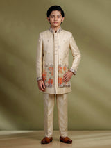 Pastel beige floral boys indo western