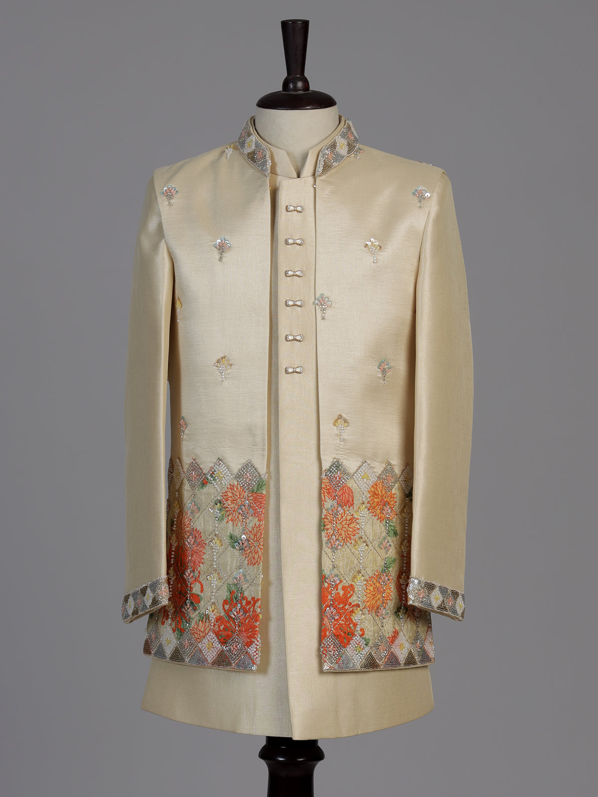 Pastel beige floral boys indo western