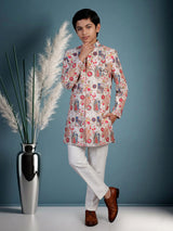 Beige Kalamkari printed boys indo western