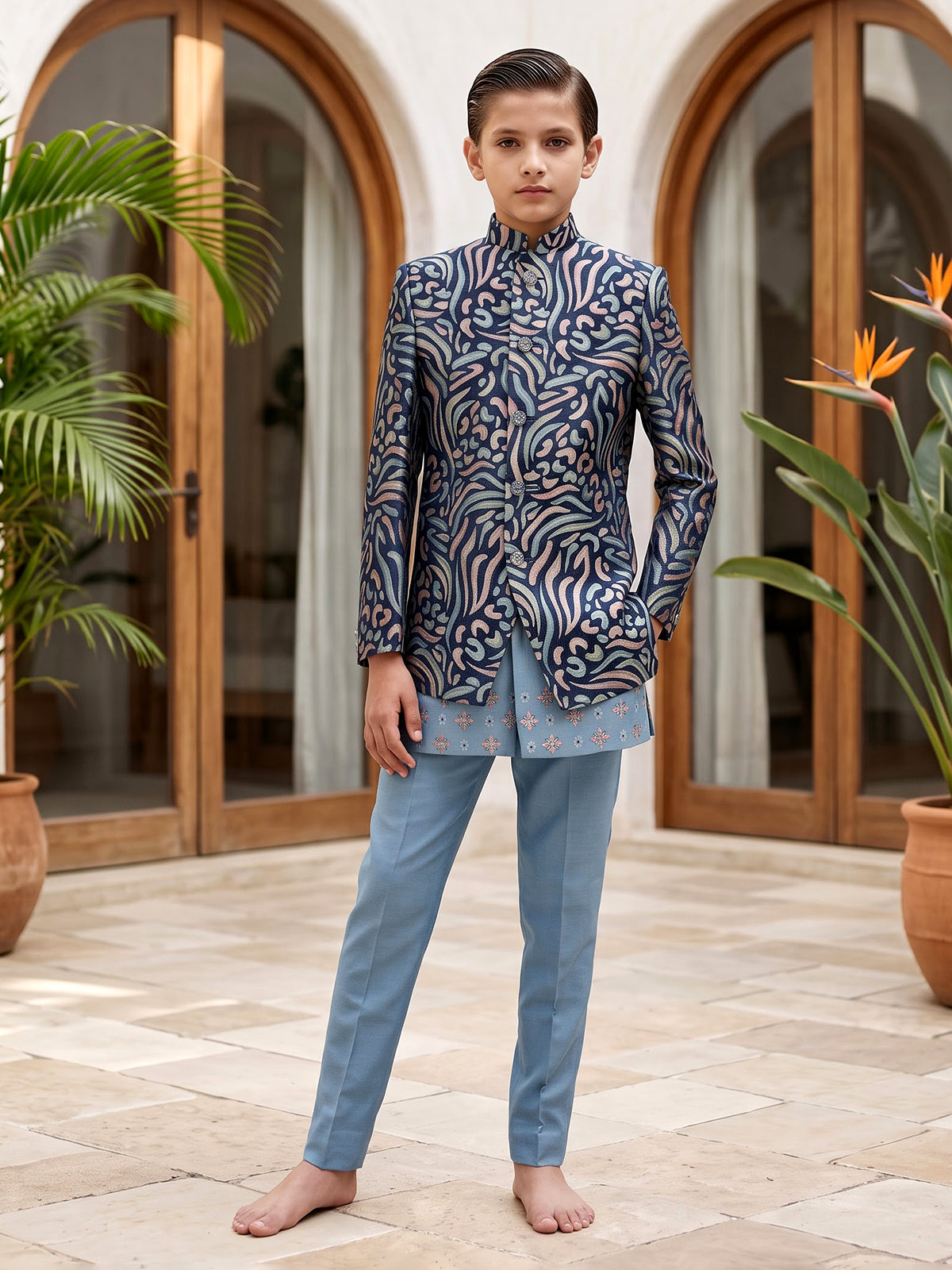 Blue textured embroidered boys indo western