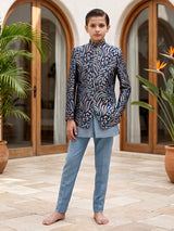 Blue textured embroidered boys indo western