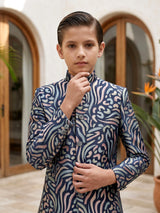 Blue textured embroidered boys indo western