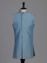 Blue textured embroidered boys indo western