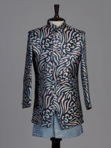 Blue textured embroidered boys indo western