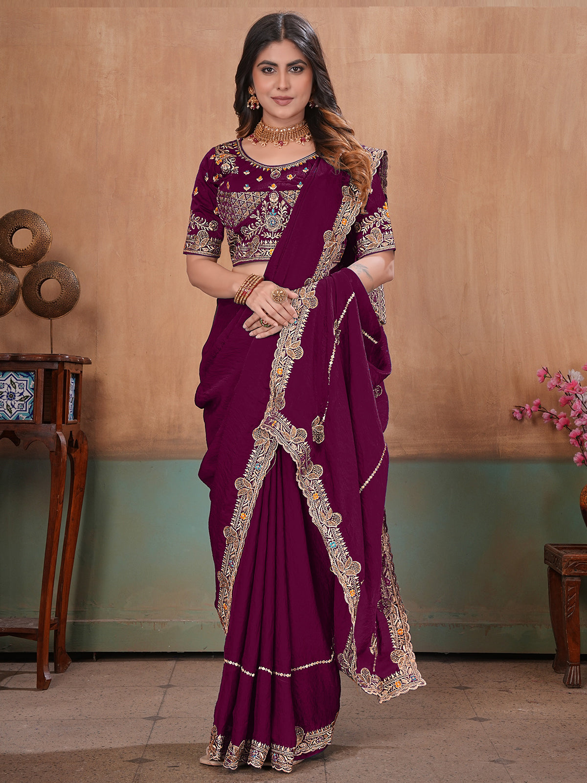 Wine luxurious festive satin saree with blouse