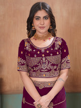 Wine luxurious festive satin saree with blouse