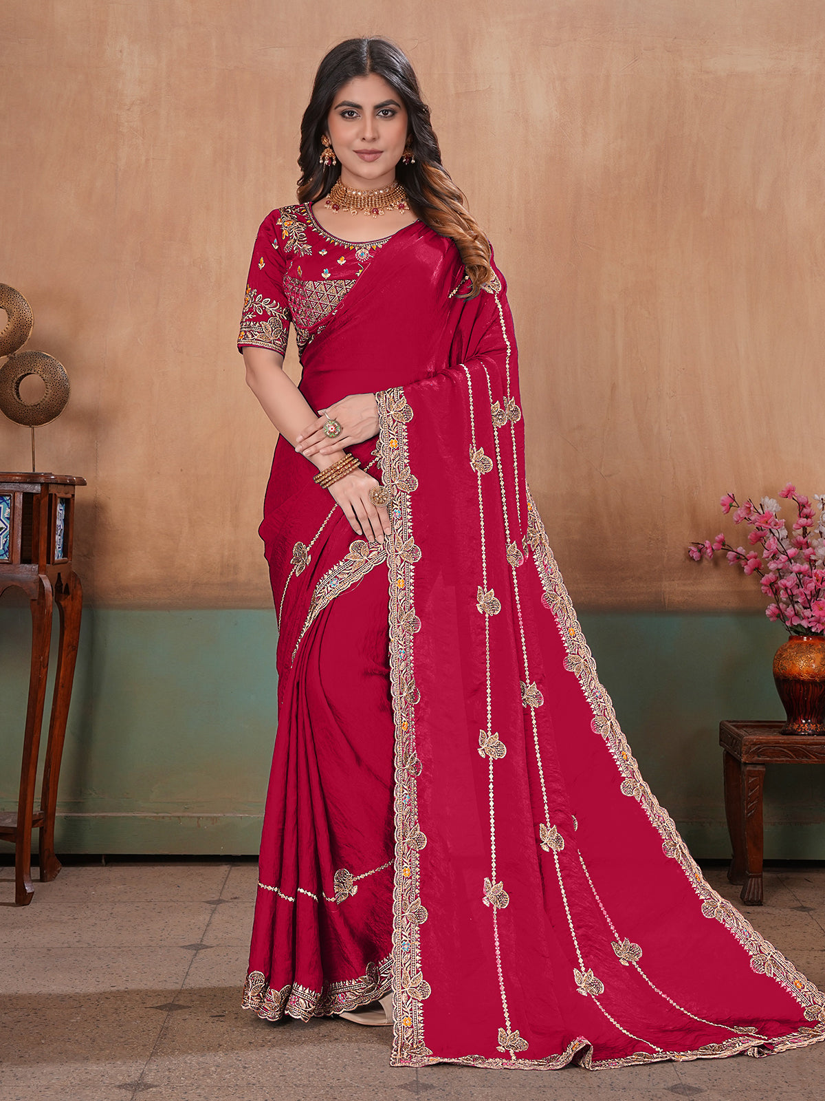 Red majestic designer satin saree with blouse