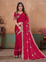Red majestic designer satin saree with blouse