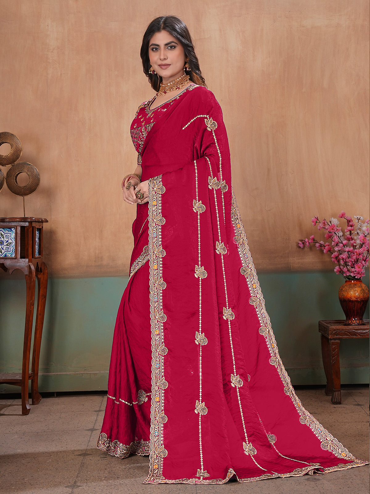 Red majestic designer satin saree with blouse