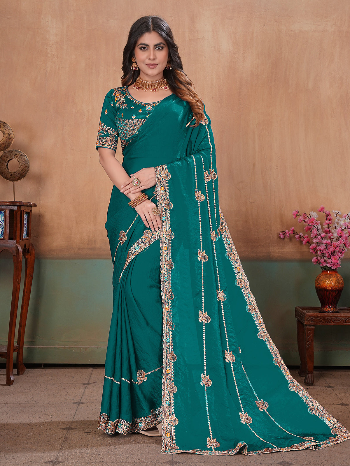 Green royal embellished satin saree with blouse