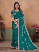 Green royal embellished satin saree with blouse
