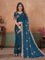 Peacock blue radiant embroidered satin saree with blouse