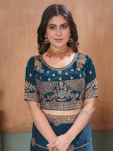 Peacock blue radiant embroidered satin saree with blouse