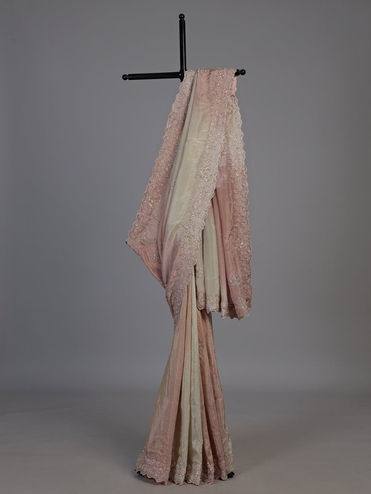 Cream dual tone embellished tissue silk saree women