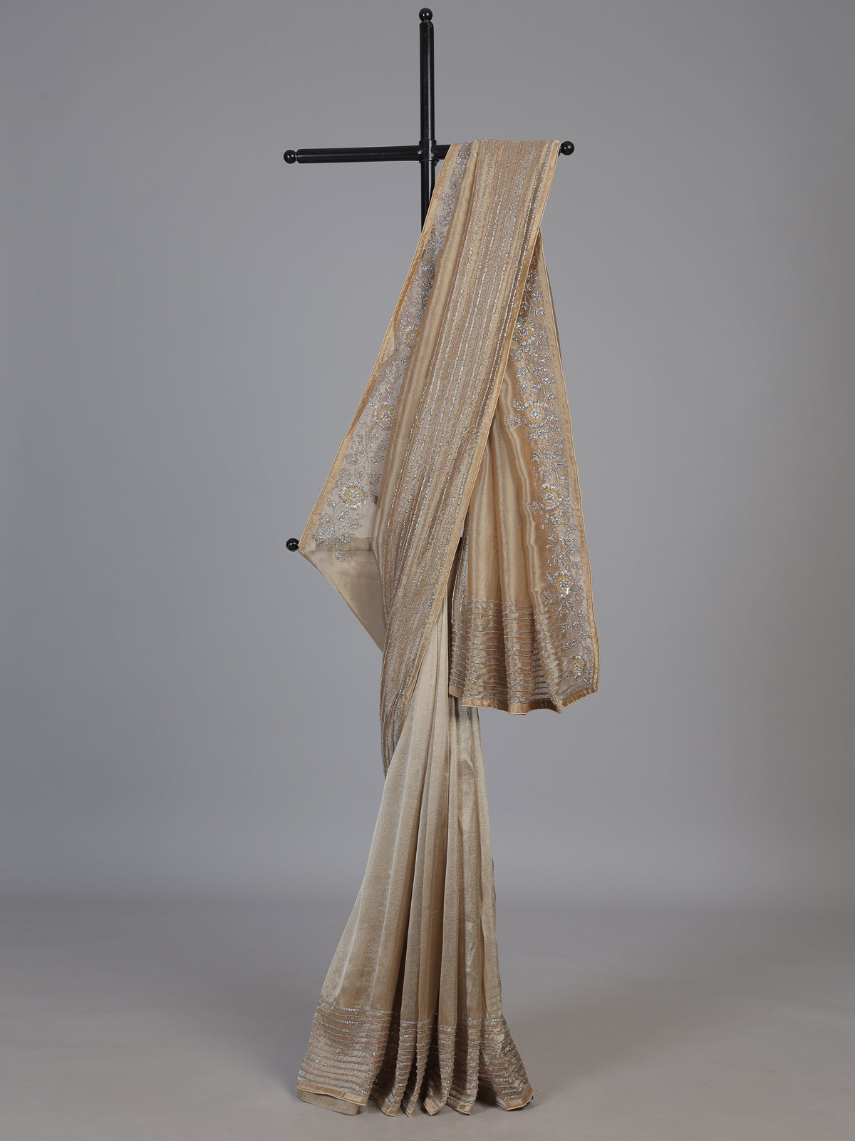 Beige metallic pleated tissue silk saree women