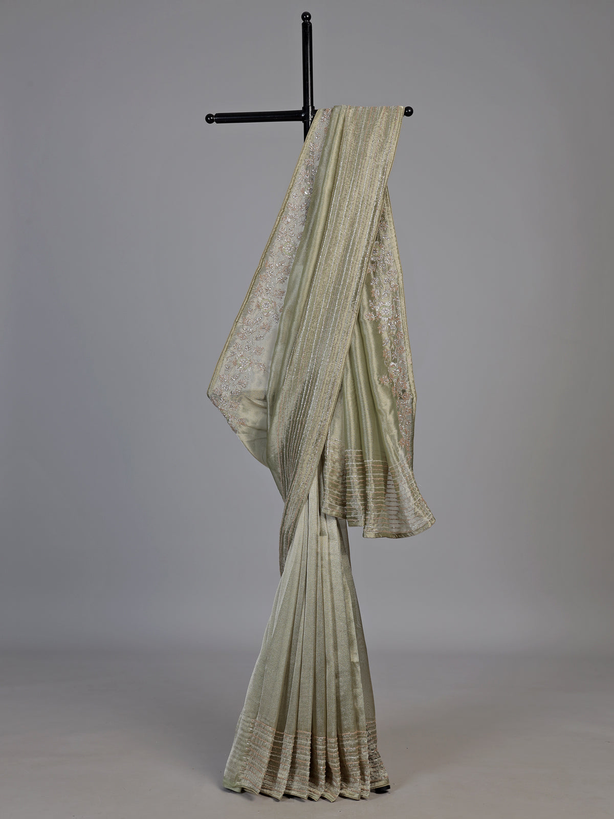 Pista green metallic tissue silk saree women