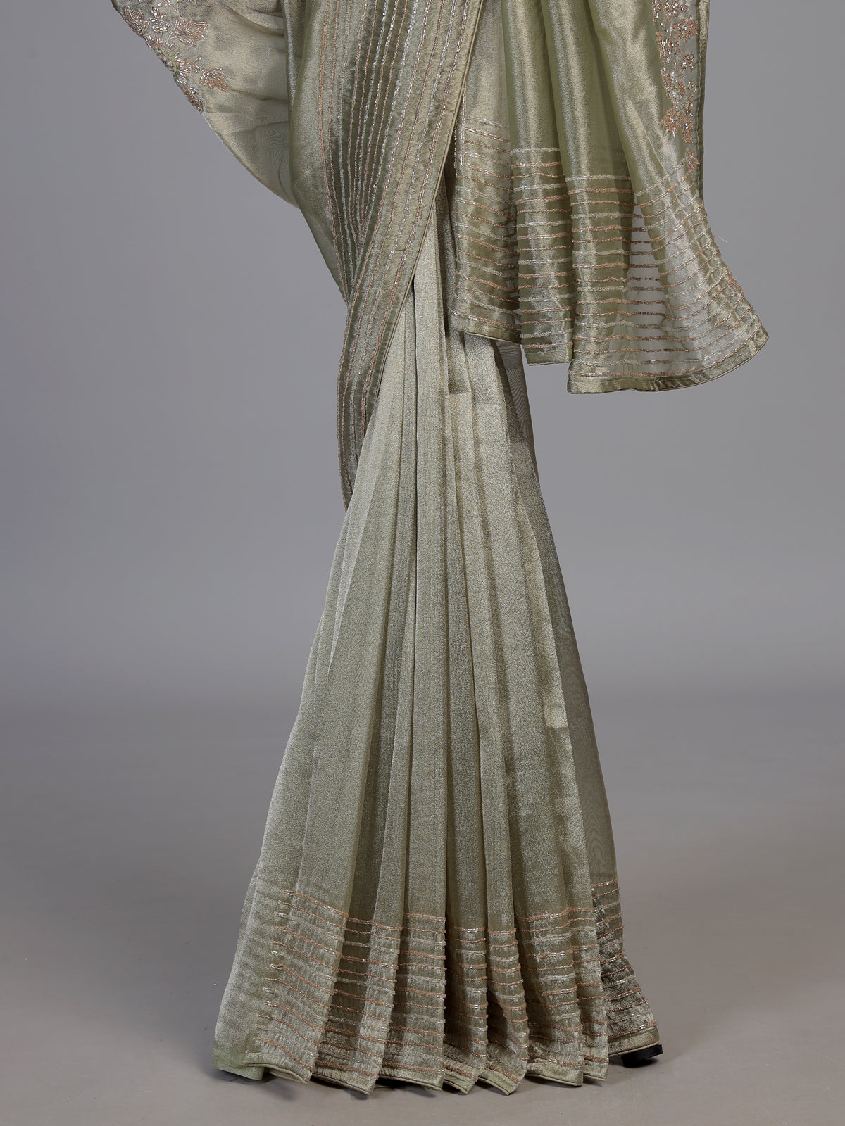Pista green metallic tissue silk saree women
