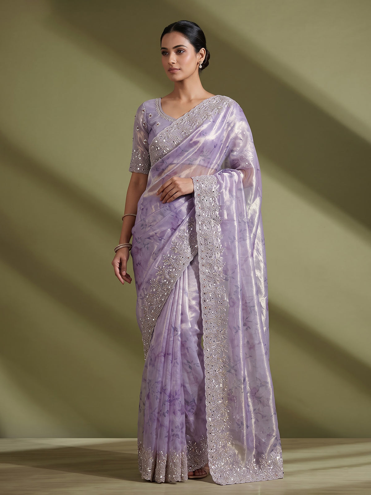 Purple floral scalloped tissue silk saree women