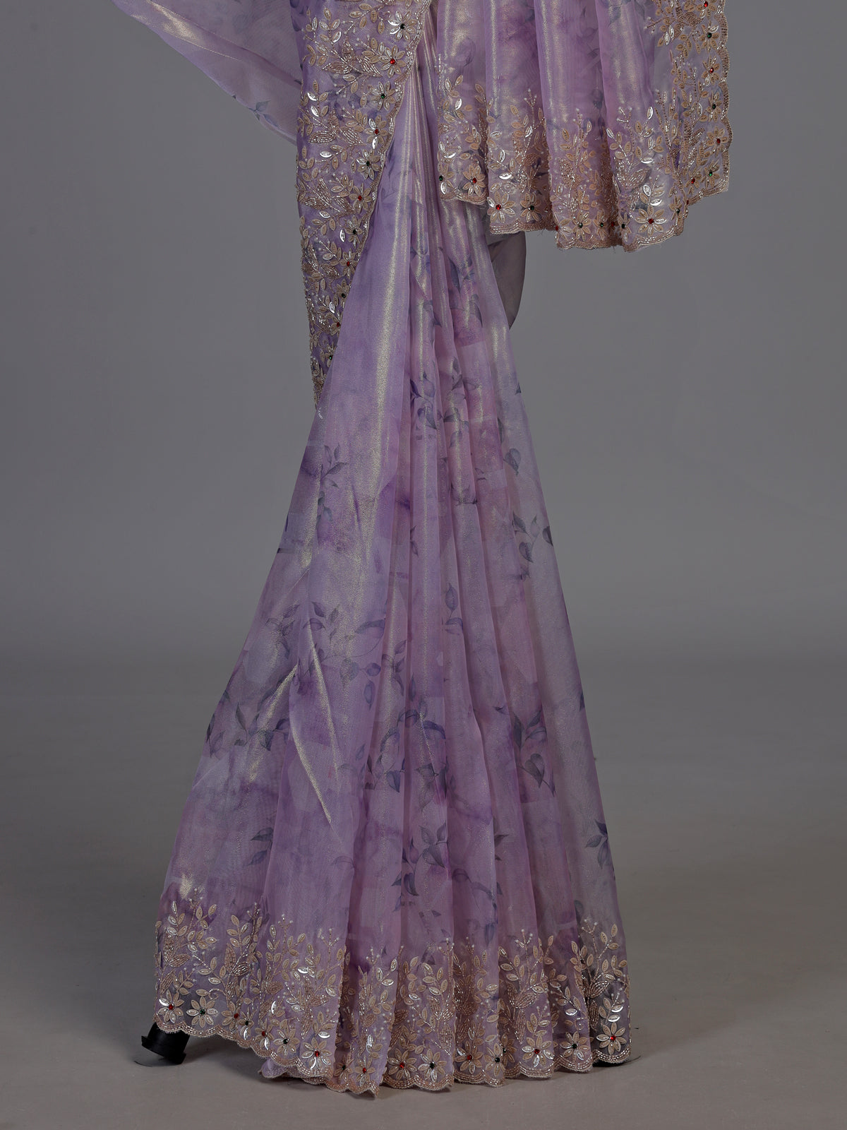 Purple floral scalloped tissue silk saree women