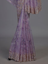 Purple floral scalloped tissue silk saree women