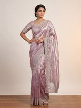 Pink scalloped sequin tissue silk saree women