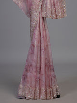 Pink scalloped sequin tissue silk saree women