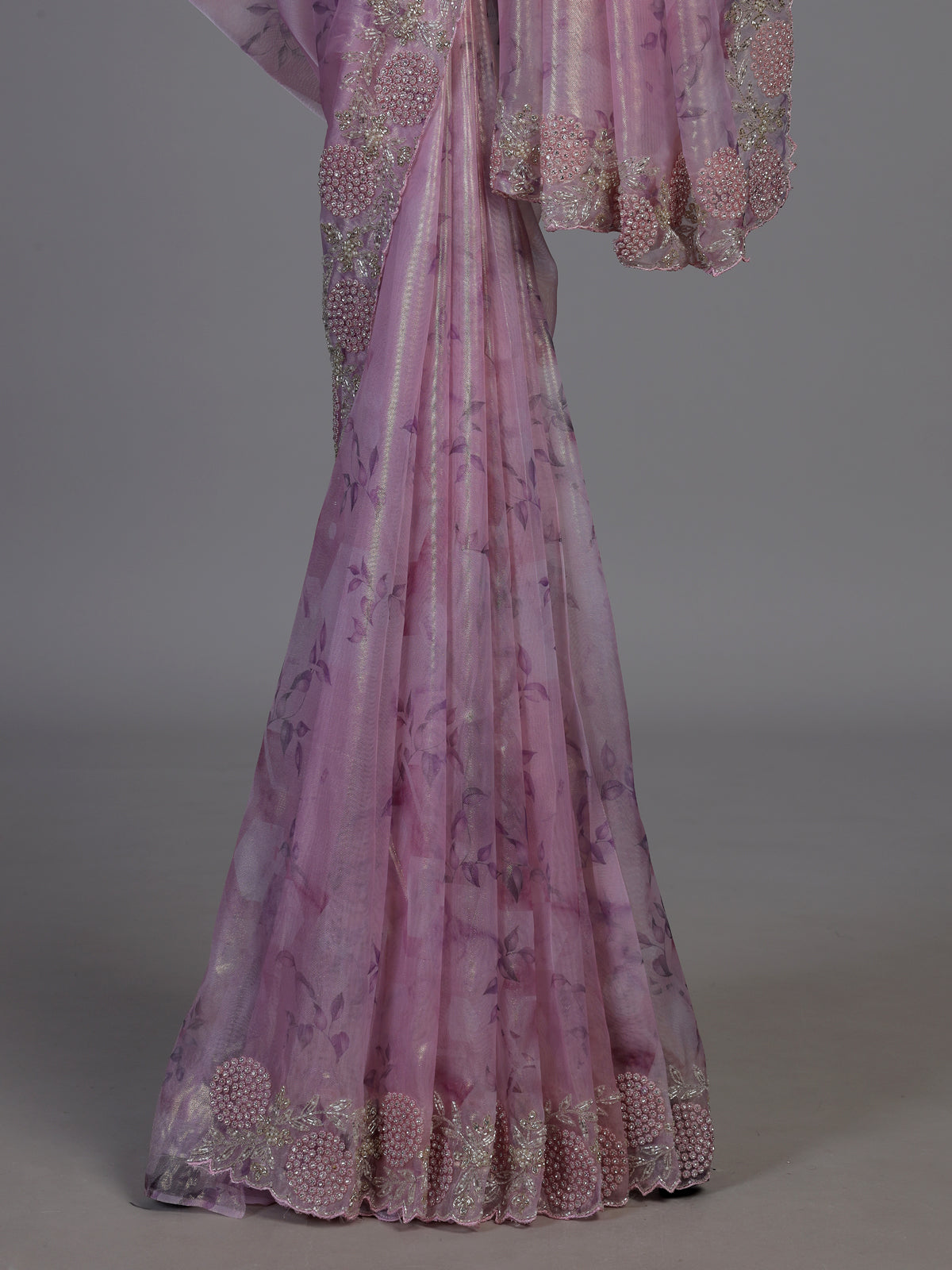 Pink floral sequin tissue silk saree women