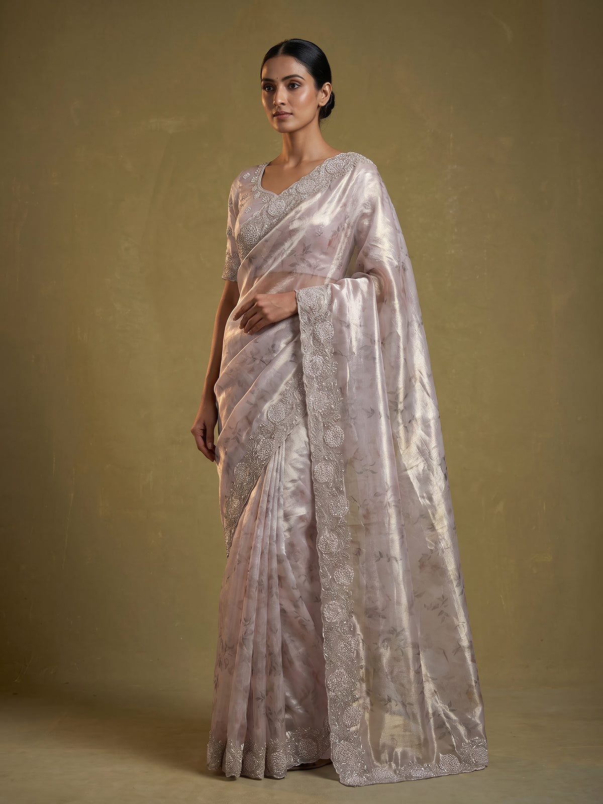Beige floral embellished tissue silk saree women