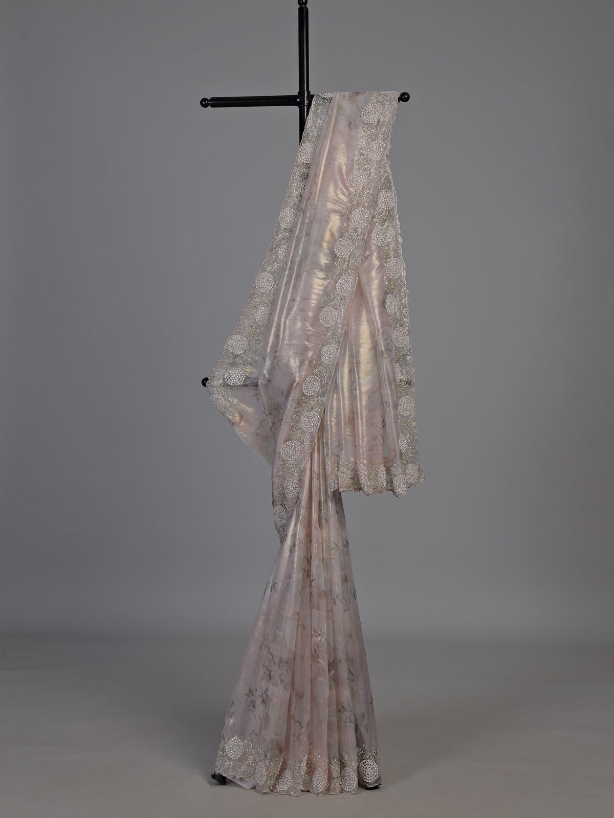 Beige floral embellished tissue silk saree women
