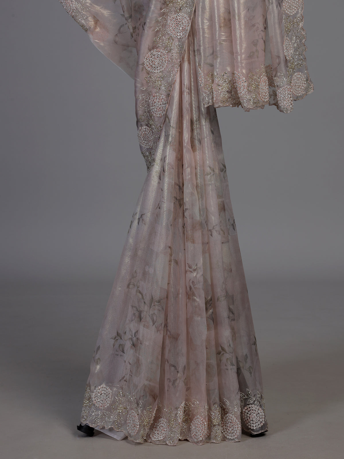 Beige floral embellished tissue silk saree women