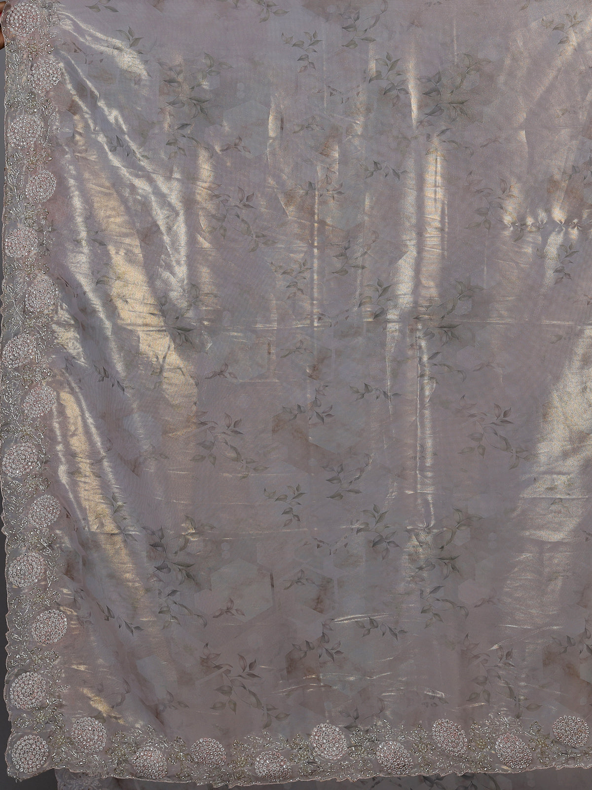 Beige floral embellished tissue silk saree women