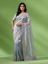 Grey floral mandala tissue silk saree women