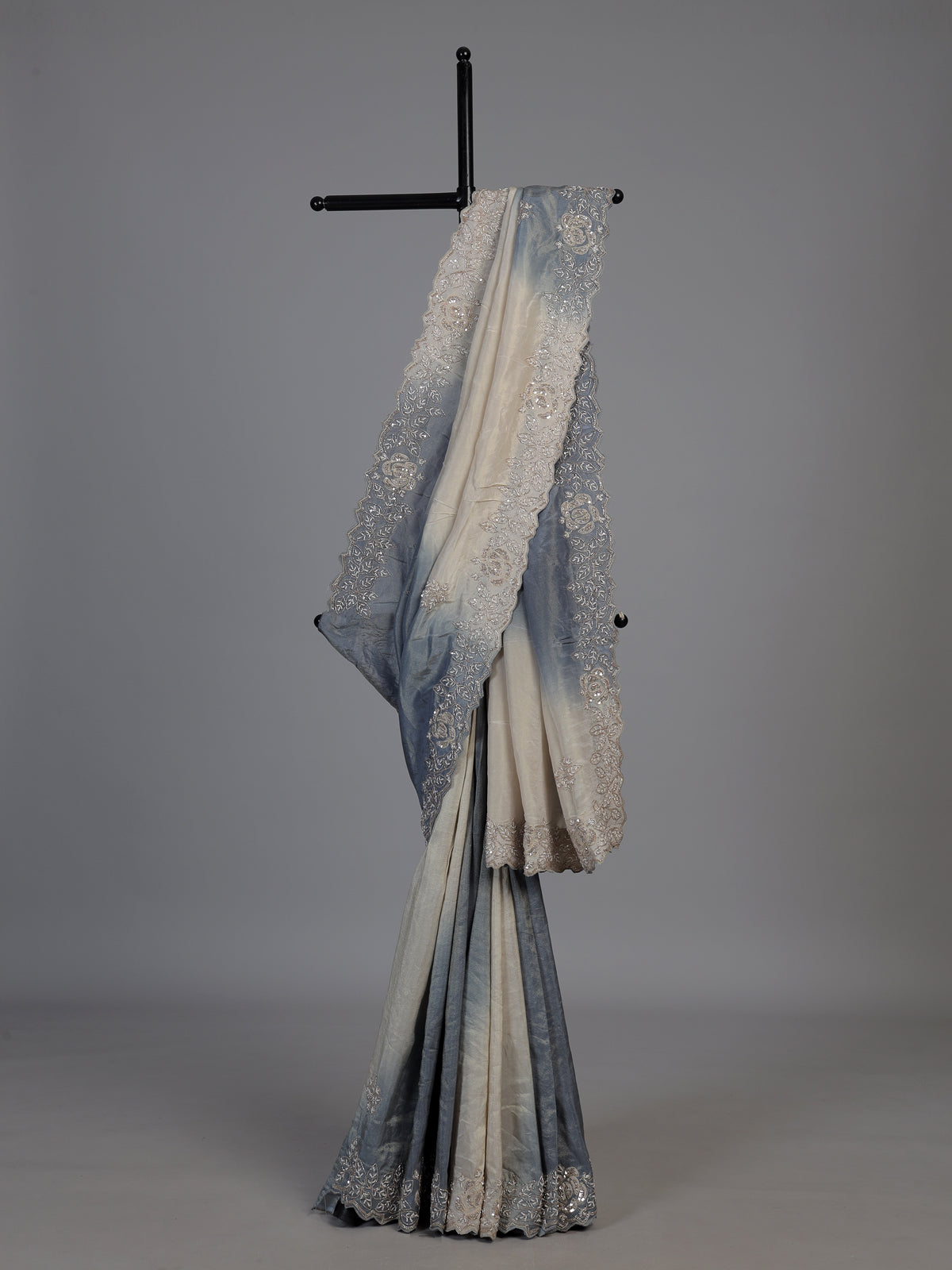 Cream grey shaded sequin tissue silk saree women