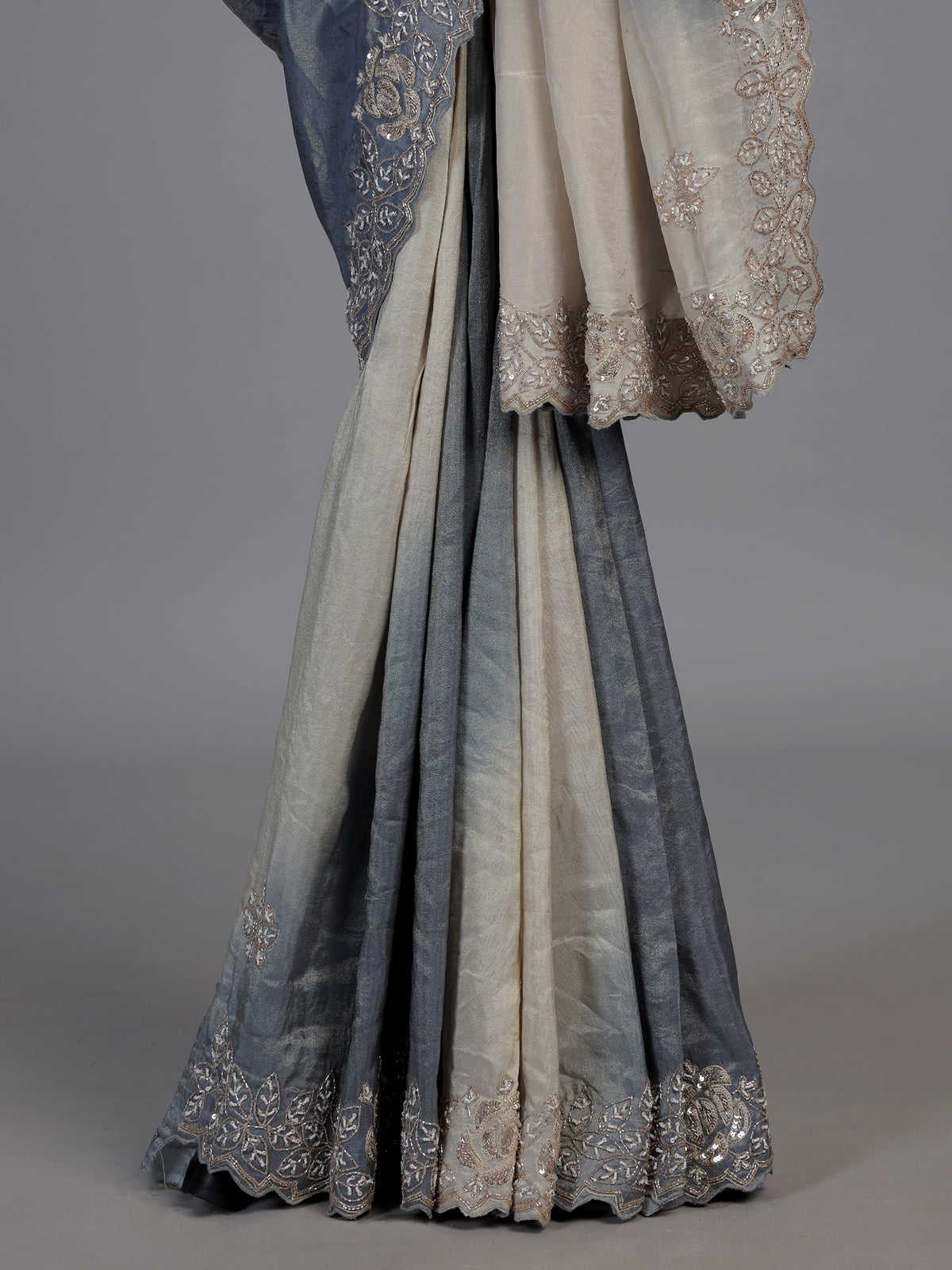 Cream grey shaded sequin tissue silk saree women