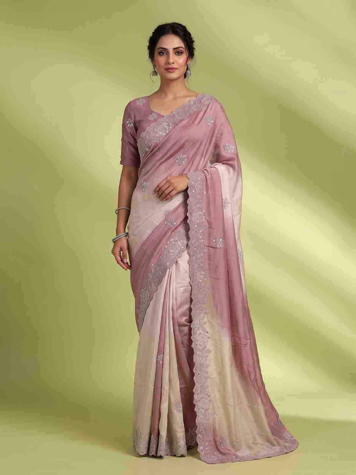 Pink dual tone sequin tissue silk saree women
