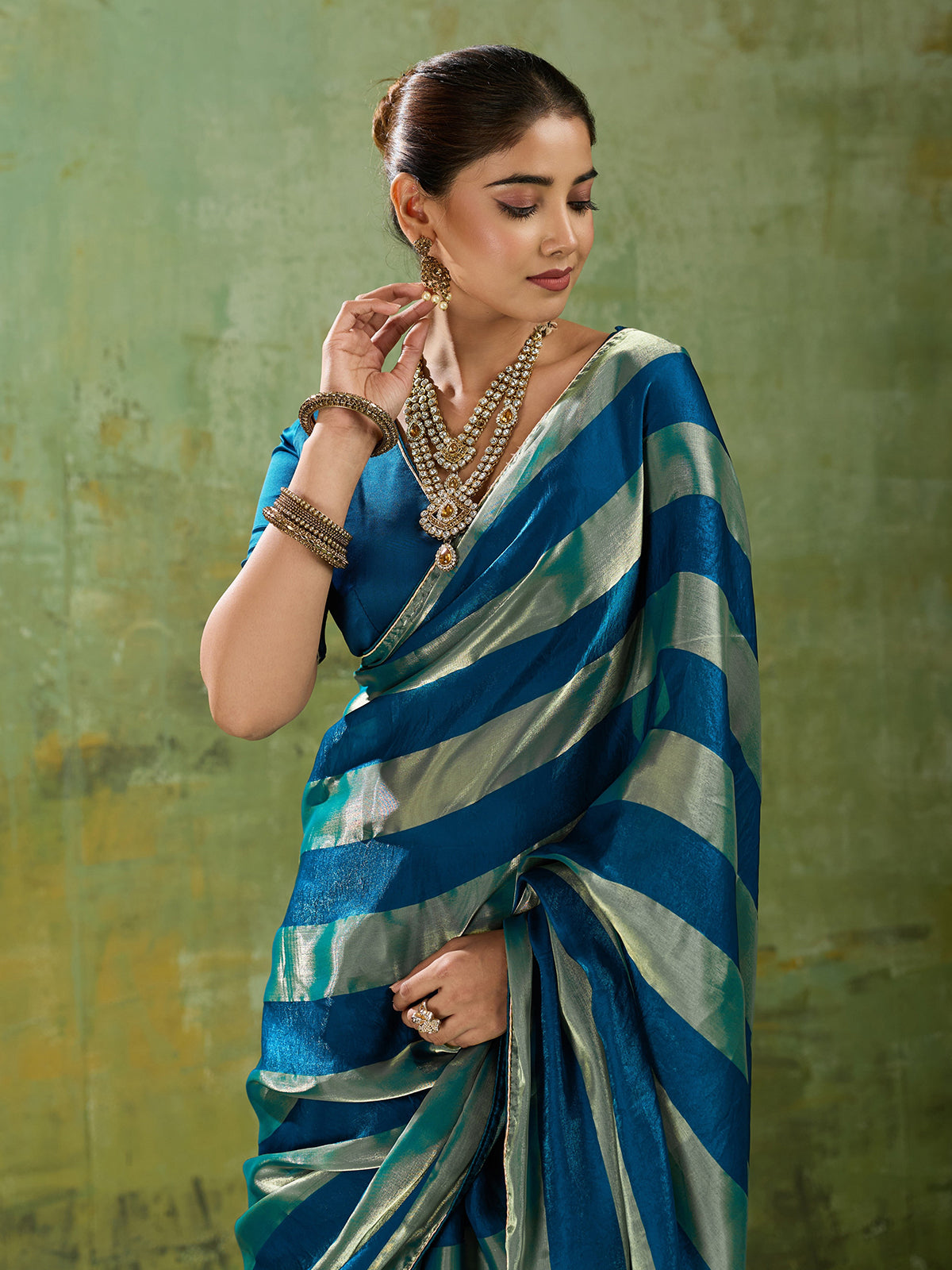 Designer blue woven satin saree for women
